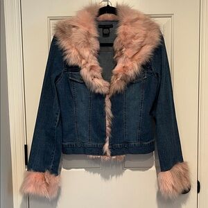 Sheri Bodell Couture Denim Jacket w/ Blush Fox Fur Trim | Size L